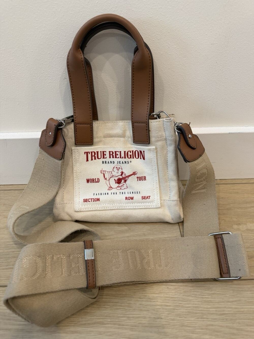 True Religion Crossbody Small Tote Bag Purse Beige Brown
